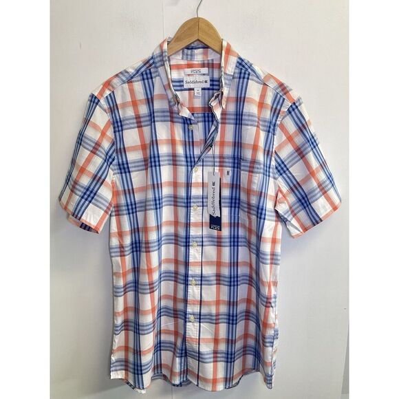 Saddlebred Comfort Flex Shirt Mens M Short Sleeve Preppy Plaid Wrinkle Resistant - Picture 1 of 6